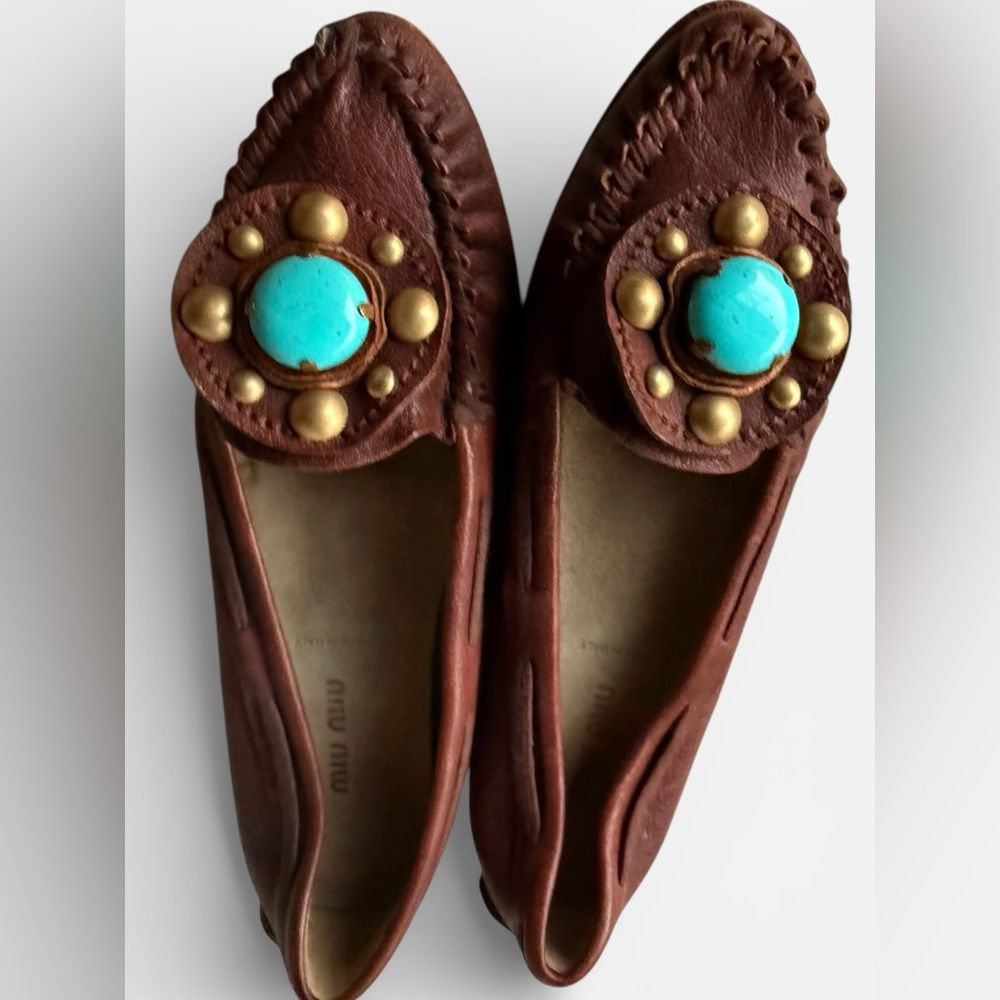 Vintage Miu Miu Rich Brown Moccasins with Round Turquoise color bead 37